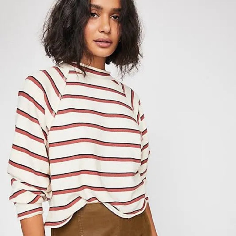 Free People Striped Long Sleeve Top - Cream and burnt orange color size small